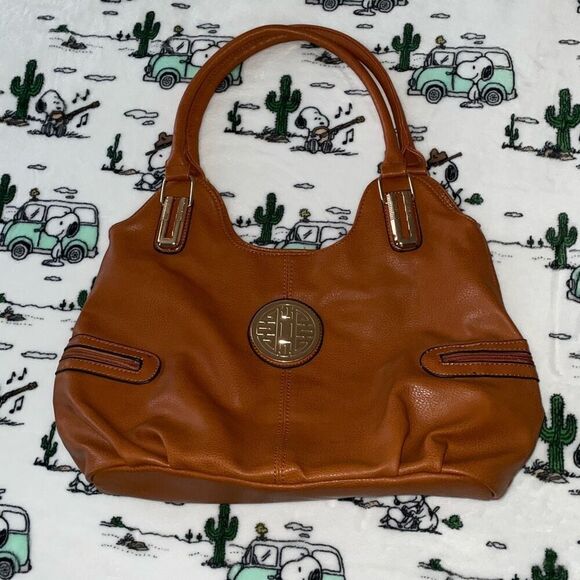 Vintage faux leather boho khaki brown cognac faux leather purse gold hardware - Picture 1 of 13